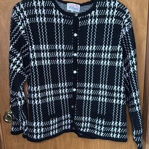 Tally Ho Vintage Sweater 2X Black White Plaid Acrylic Knit Button Front Cardigan